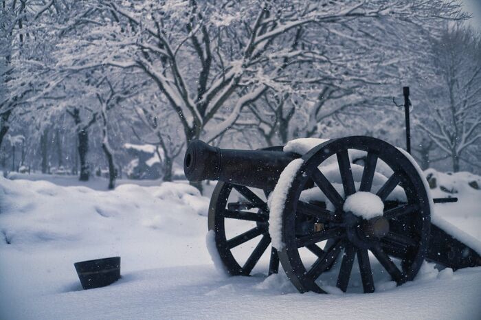 Snow-covered cannon in a winter landscape, symbolizing strength despite being outnumbered.