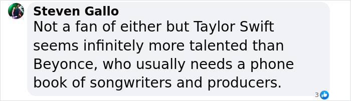 Screenshot of a comment discussing Taylor Swift's talent in Billboard popstar rankings.