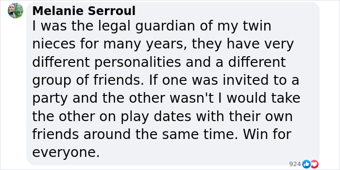 Comment discussing twins and birthday invitations, suggesting alternate activities if only one is invited to a party. Comment discussing twins and birthday invitations, suggesting alternate activities if only one is invited to a party.