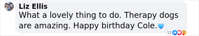 Facebook comment praising therapy dogs and celebrating Cole&rsquo;s birthday.