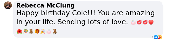 Comment wishing Cole a happy birthday with emoticons, shared for a deaf therapy dog's special day.