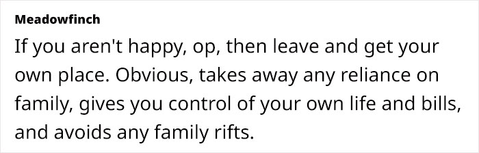 Comment about refusing to pay rent, suggesting independence and avoiding family conflicts. Comment about refusing to pay rent, suggesting independence and avoiding family conflicts.