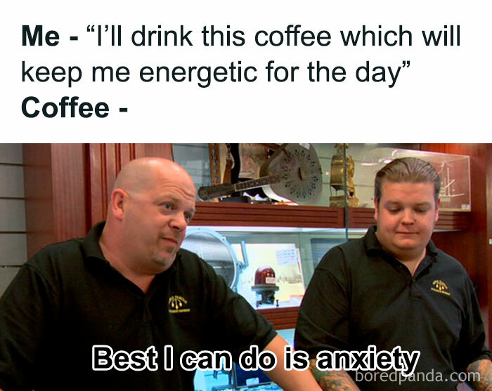 Meme about coffee causing anxiety instead of energy, with two men in a store discussing humorously.