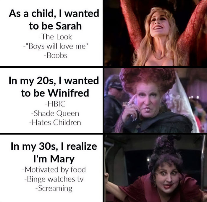 Three relatable character memes depicting life stages for those over 30: Sarah, Winifred, and Mary.
