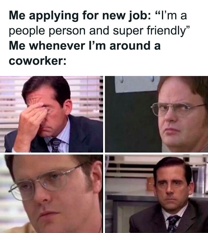 Collage meme humorously depicting the contrast between job application claims and actual coworker interactions.