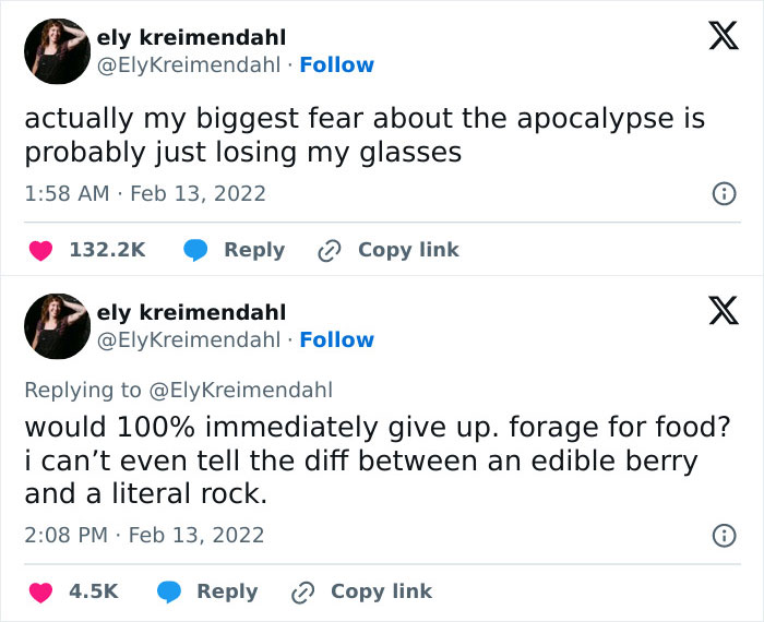 "Relatable meme about losing glasses during an apocalypse and struggling with foraging."