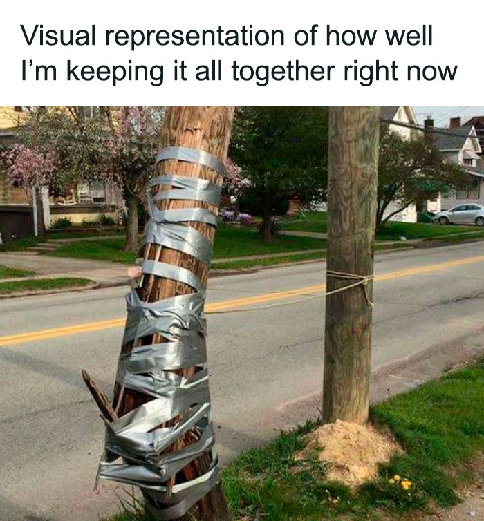 A telephone pole wrapped in duct tape, humorously illustrating a spot-on meme for those above 30.