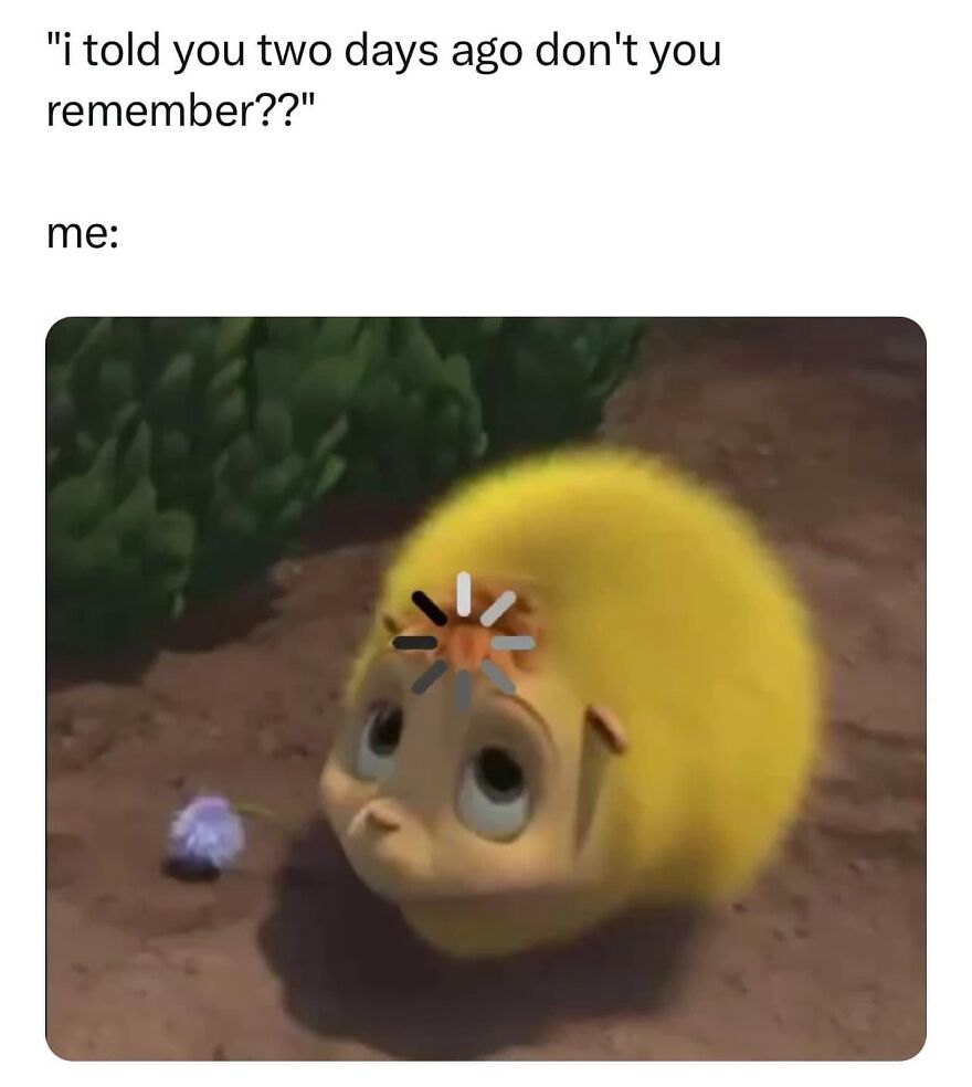 Cute round yellow creature with a loading symbol on its forehead, looking confused; humor meme.
