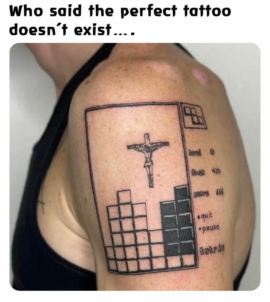 Tattoo of Tetris game with Jesus drawing, adding a funny twist for those who need a laugh today.