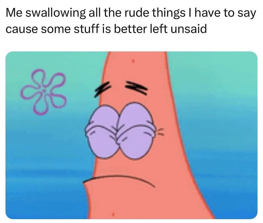 Animated starfish character holding back words, embodying funny memes for a laugh.