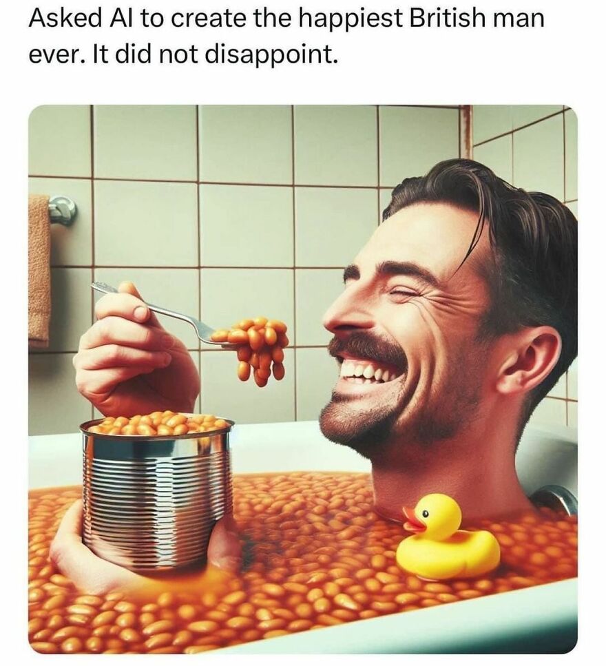 Man joyfully eating beans in a bathtub; a funny meme for those needing a laugh today.
