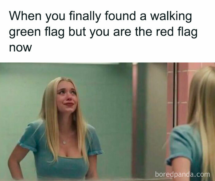 Woman in a bathroom looking upset, humorously captioned, representing relatable memes.