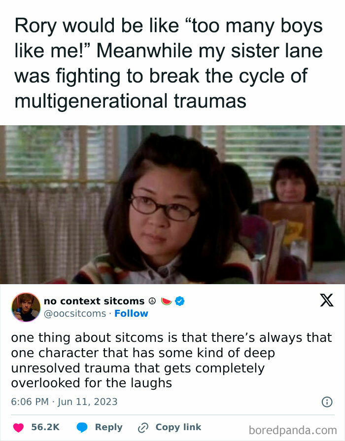 Woman in a cafe with text about sitcom characters, capturing relatable-memes humor.