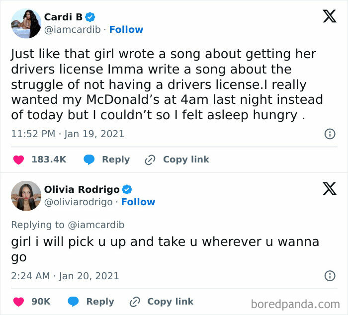 Tweets by artists referencing relatable memes: one about driver's license struggles, and a response offering a ride.