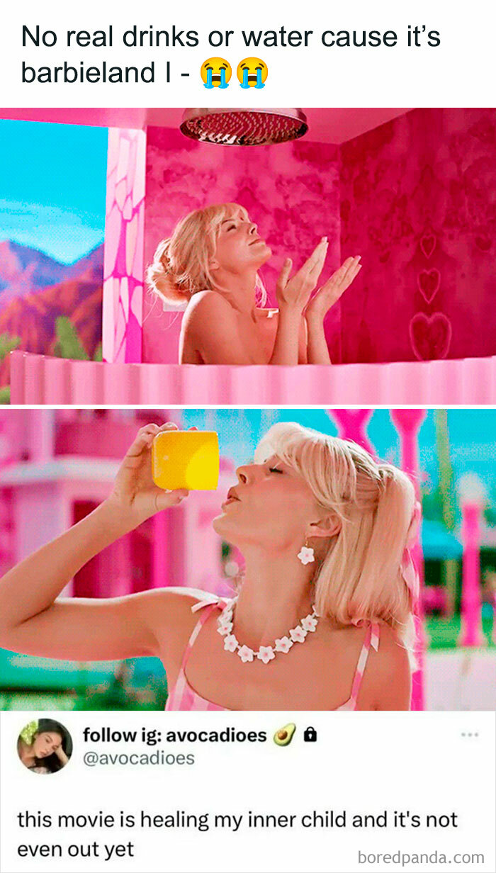 A woman mimics showering and drinking in a pink dollhouse setting, capturing relatable-memes humor.