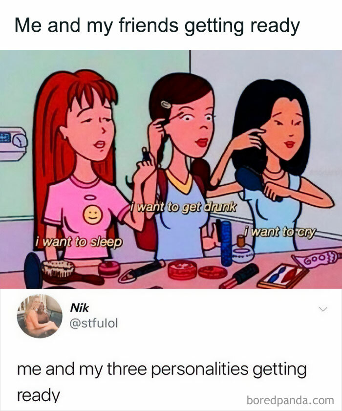 Three animated characters showcasing relatable memes personalities: sleepy, tipsy, and emotional.