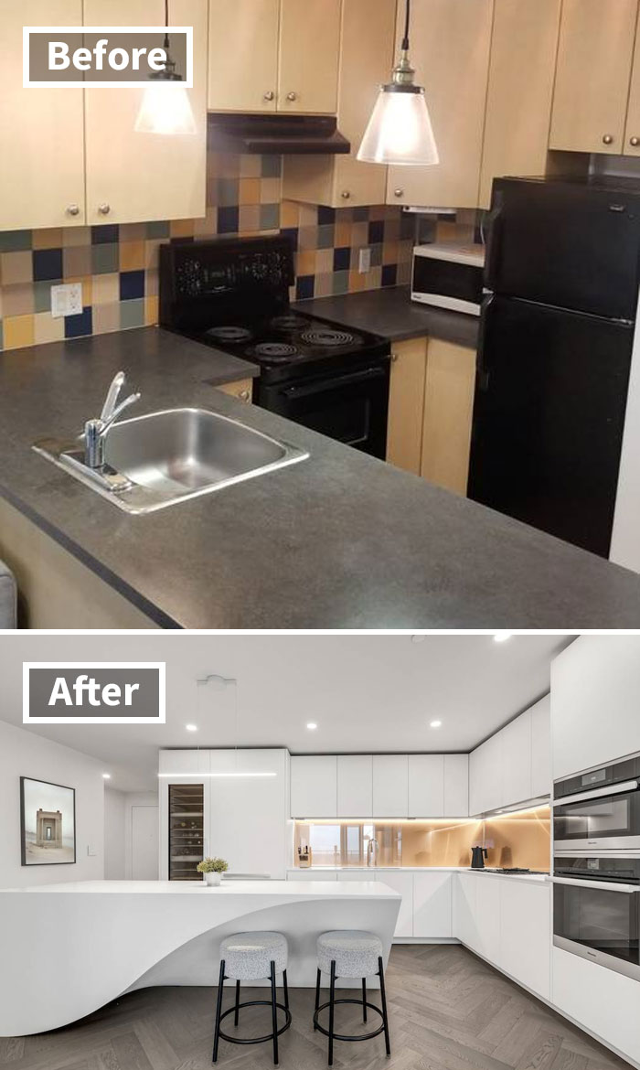 Before and after condo renovation; outdated kitchen upgraded to modern design. Before and after condo renovation; outdated kitchen upgraded to modern design.