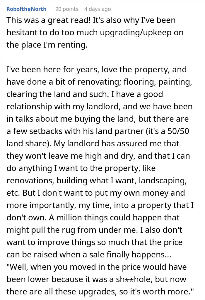 Text post about tenant's concerns on renovations affecting landlord's decisions. Text post about tenant's concerns on renovations affecting landlord's decisions.