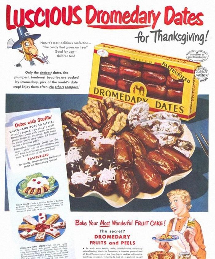 Vintage ad featuring Dromedary Dates for Thanksgiving, showing a plate of dates and a box packaging.