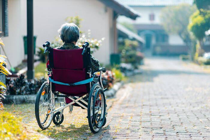 An elderly person in a wheelchair on a serene brick path, highlighting the concept of dumb questions.