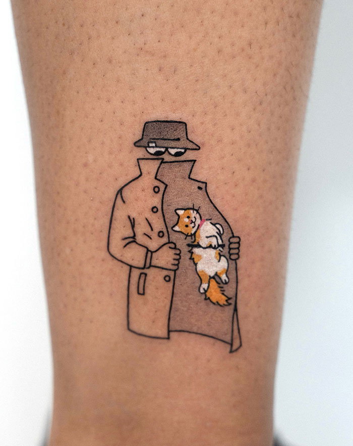 Tattoo of a mysterious figure in a trench coat revealing a cat inside, blending daring and subtle tattoo ideas for women.