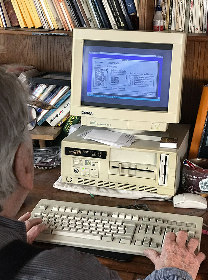 Grandpa Still Uses A Decades Old Computer That Still Runs Dos, Typing And Printing And Storing Things On Floppies