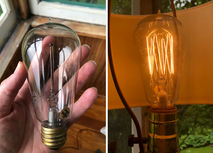 The Chandelier At Our Cottage Has This Vintage Light Bulb From The Early 1900s. It Still Works!