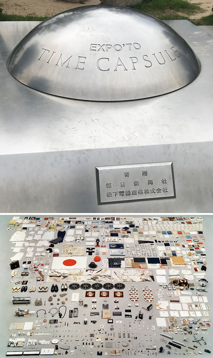 Expo '70 time capsule showcasing historical items arranged in a grid, representing cool blasts from the past.