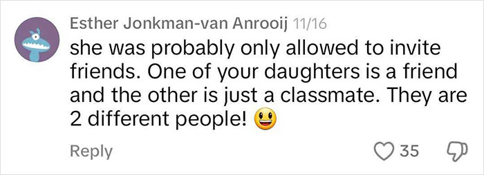 Comment discussing birthday invitation for one twin, emphasizing they are different people. Comment discussing birthday invitation for one twin, emphasizing they are different people.
