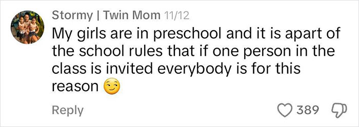 Twin mom discusses preschool birthday invitation rule in a social media comment. Twin mom discusses preschool birthday invitation rule in a social media comment.