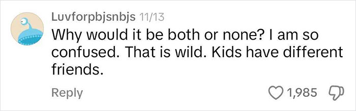 Comment questioning “both or none” birthday invitation decision for twins; calls it wild. Comment questioning “both or none” birthday invitation decision for twins; calls it wild.