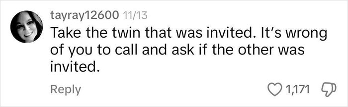 Comment discussing twin’s birthday invitation issue with strong opinions. Comment discussing twin’s birthday invitation issue with strong opinions.