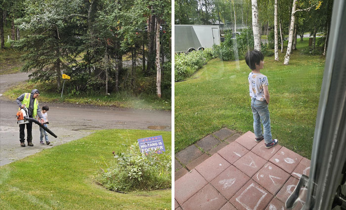 [oc] 6 Yo Son Has Made Friends With Lawn Maintenance Folks . He's Missed Them Since School Started. He Had Been Waiting Every Week To Say Hi And "Talk To Them," And Today He Was Over The Moon Getting To Use The Leaf Blower