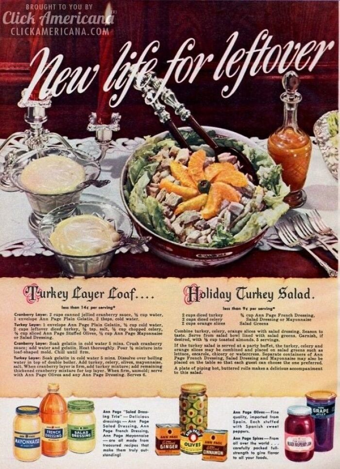 Vintage Thanksgiving ad featuring turkey salad and cranberry dressing with Ann Page products on a festive table setting.