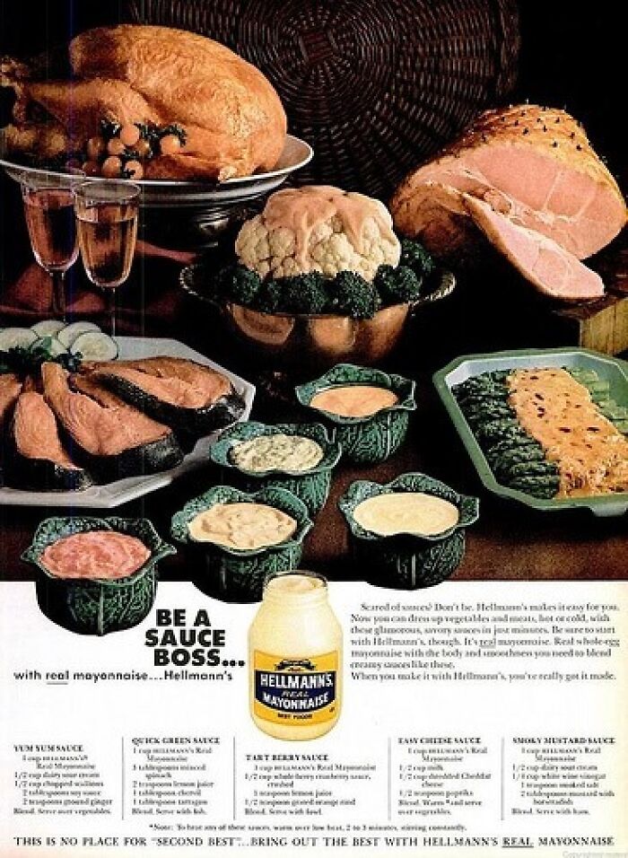 A vintage Thanksgiving ad featuring a turkey, ham, side dishes, and Hellmann's mayonnaise sauces.