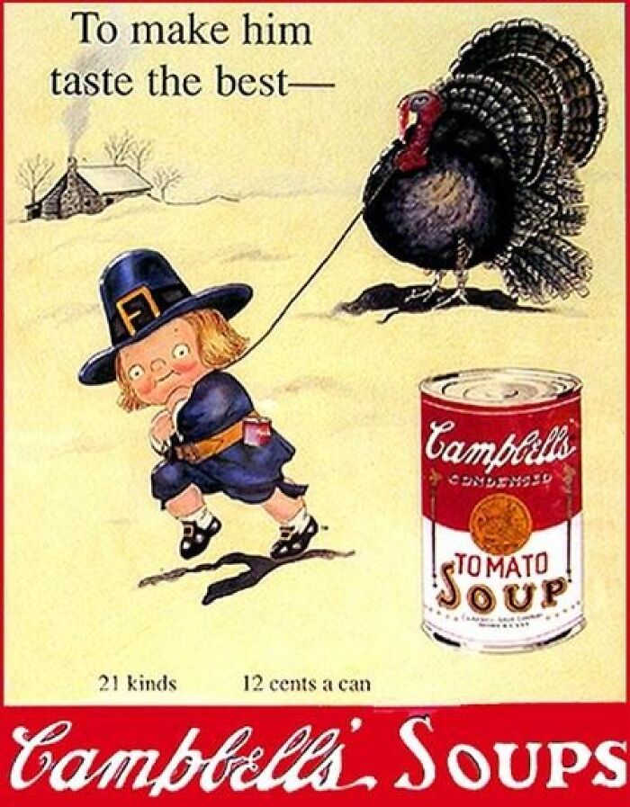 Vintage Thanksgiving ad featuring a pilgrim child pulling a turkey and a Campbell's tomato soup can.