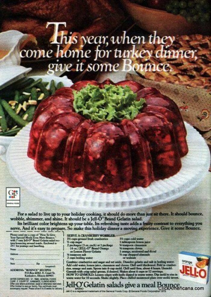 Vintage Thanksgiving ad featuring a Jell-O cranberry mold centerpiece with green beans and turkey in the background.