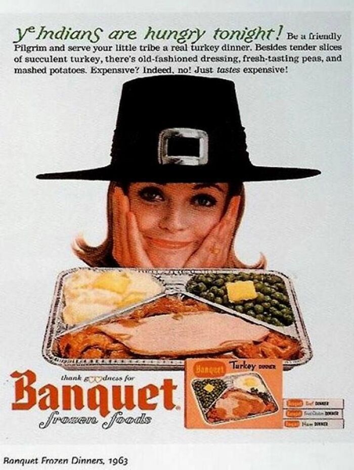 Vintage Thanksgiving ad featuring a woman in a pilgrim hat, promoting Banquet frozen turkey dinner, 1963.
