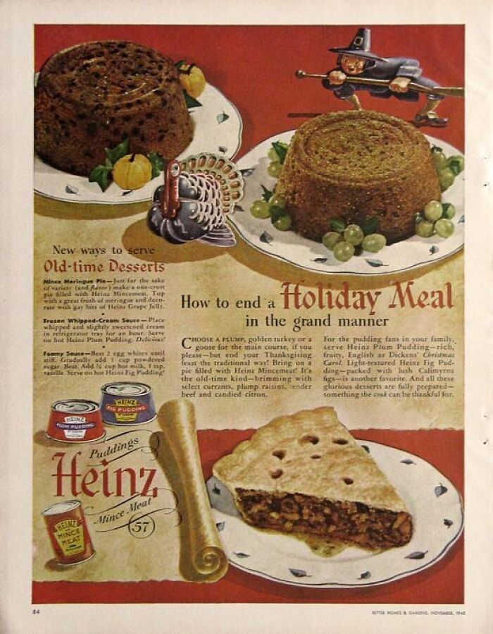 Heinz vintage Thanksgiving ad featuring plum pudding, turkey illustration, and mince pie for holiday meal inspiration.