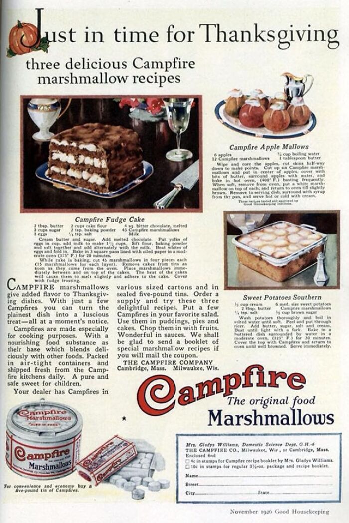 Vintage ad featuring Campfire marshmallow recipes for Thanksgiving desserts.