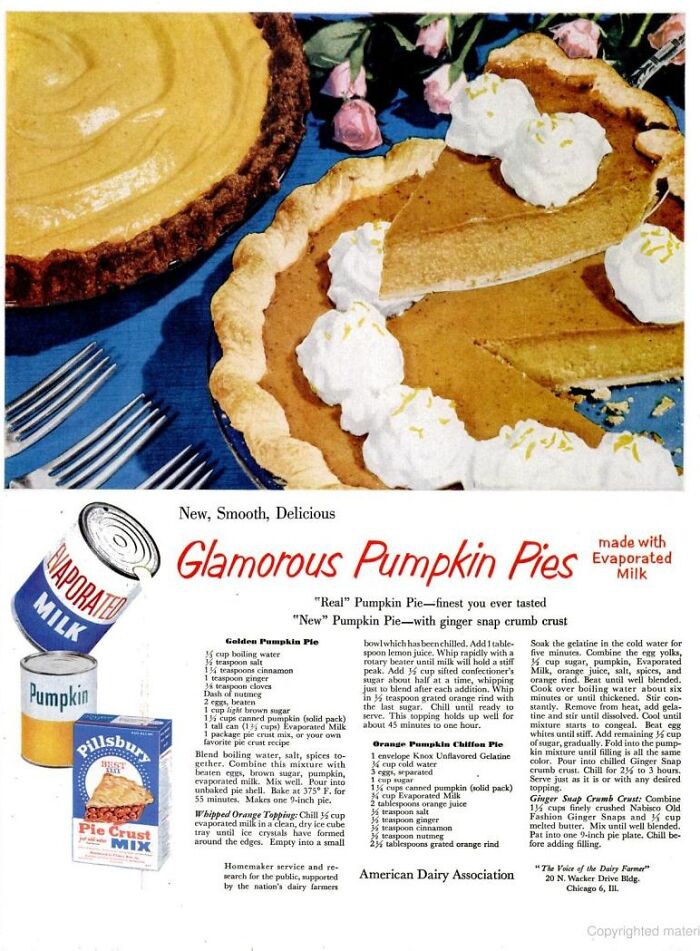 Vintage ad showcasing glamorous pumpkin pies with whipped cream, using evaporated milk, surrounded by ingredients and recipes.