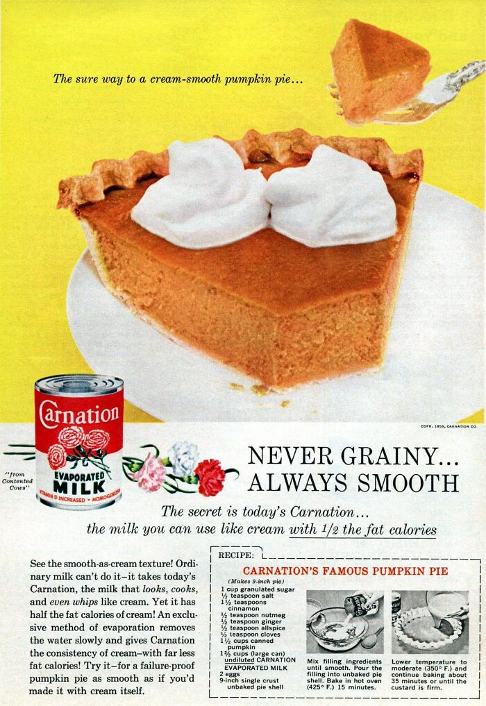 Vintage Thanksgiving ad featuring Carnation Evaporated Milk and pumpkin pie topped with whipped cream.
