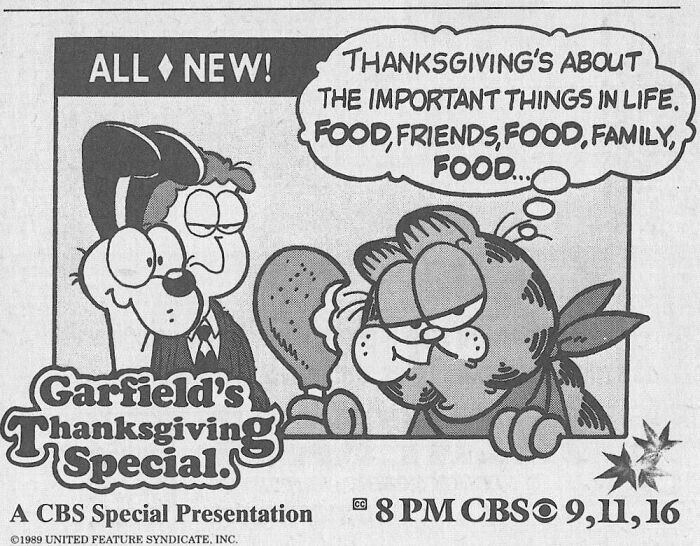 Garfield and Odie in a vintage Thanksgiving ad, discussing food and family, from CBS Thanksgiving special.