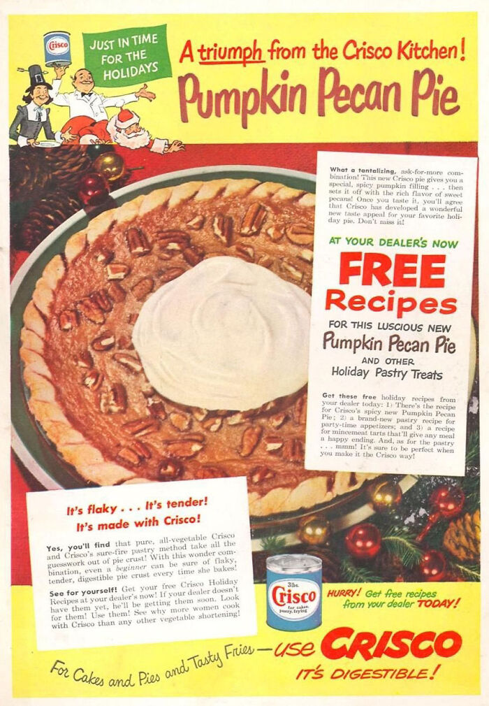 Vintage Thanksgiving ad featuring Crisco's Pumpkin Pecan Pie with festive holiday decorations and recipe offer.
