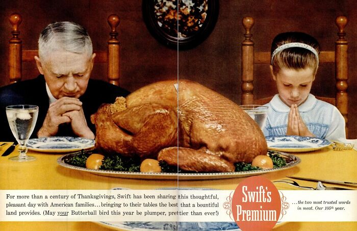 Vintage Thanksgiving ad featuring a family praying over a roasted turkey with Swift's Premium branding on the table.