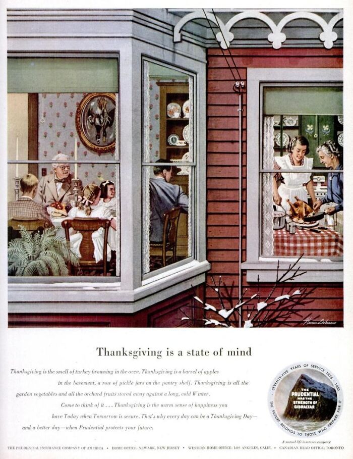 Vintage Thanksgiving ad with a family enjoying dinner, people seen through windows, highlighting a cozy holiday atmosphere.