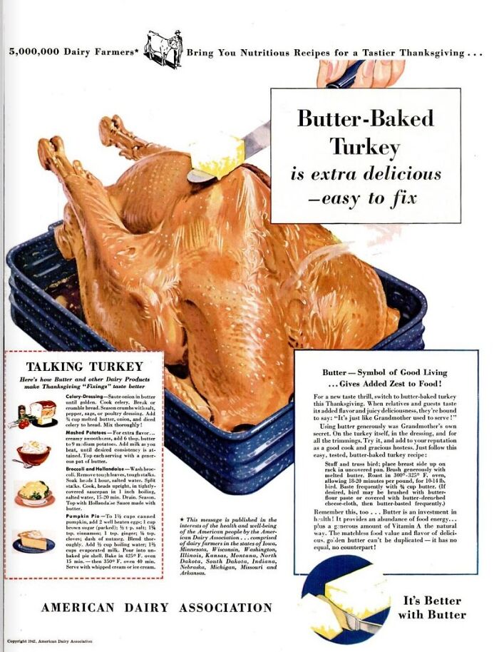 Vintage Thanksgiving ad featuring a butter-baked turkey in a blue pan, with text promoting flavorful and easy holiday cooking.