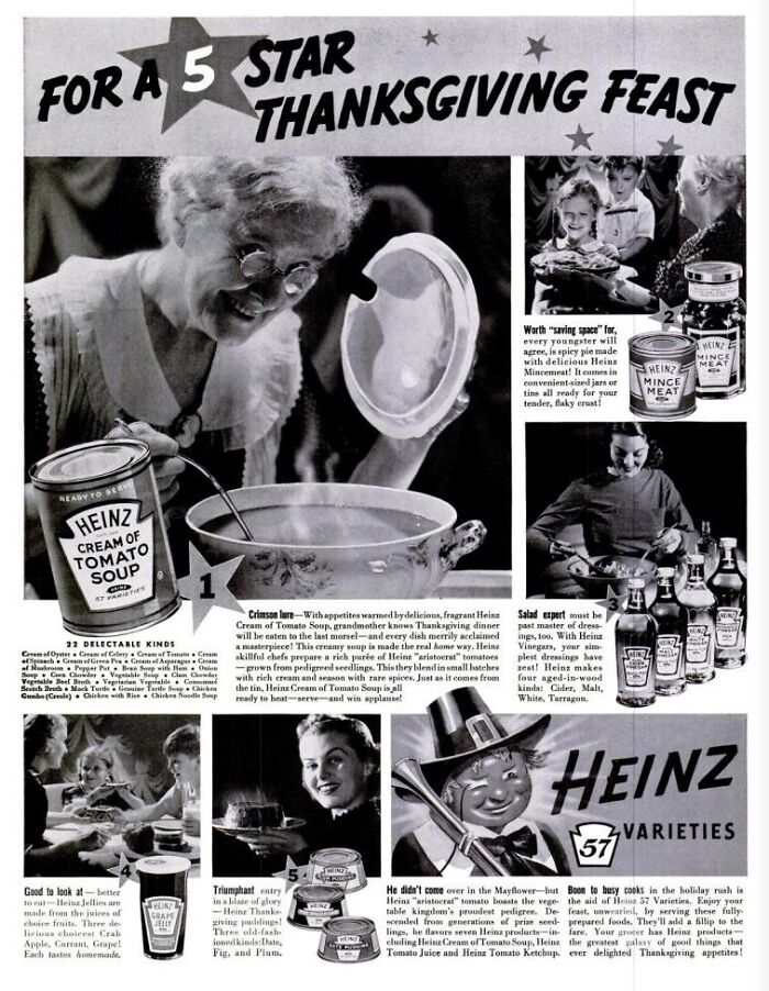 Vintage Thanksgiving ad featuring Heinz products, including tomato soup and mince meat, promoting a 5-star feast.