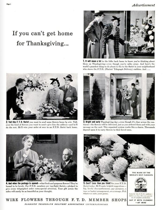 Vintage Thanksgiving ad promoting F.T.D. flower delivery with images of smiling couples and floral arrangements.