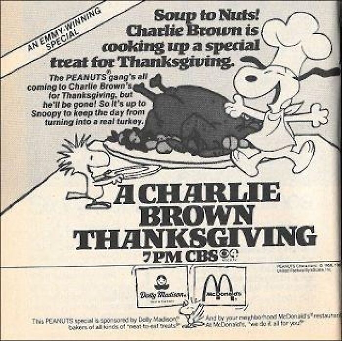 Vintage Thanksgiving ad featuring Snoopy as a chef serving a turkey for a Charlie Brown Thanksgiving special.